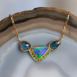 Brooke Gregson Orbit 3 Halo Boulder Opal Sapphire Tsavorite Necklace Hot